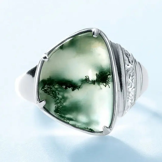 Triangular Moss Agate Statement Ring in 925 Sterling Silver