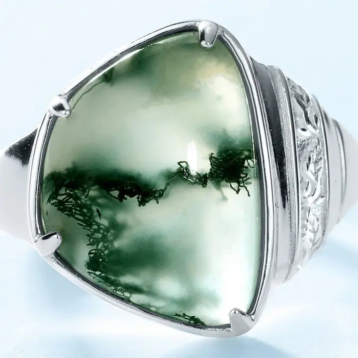 Triangular Moss Agate Statement Ring in 925 Sterling Silver