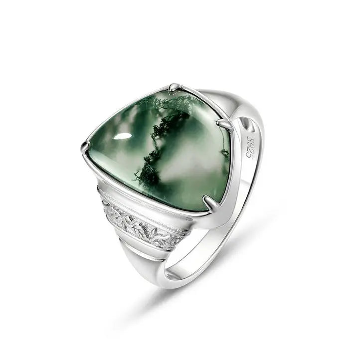 Triangular Moss Agate Statement Ring in 925 Sterling Silver